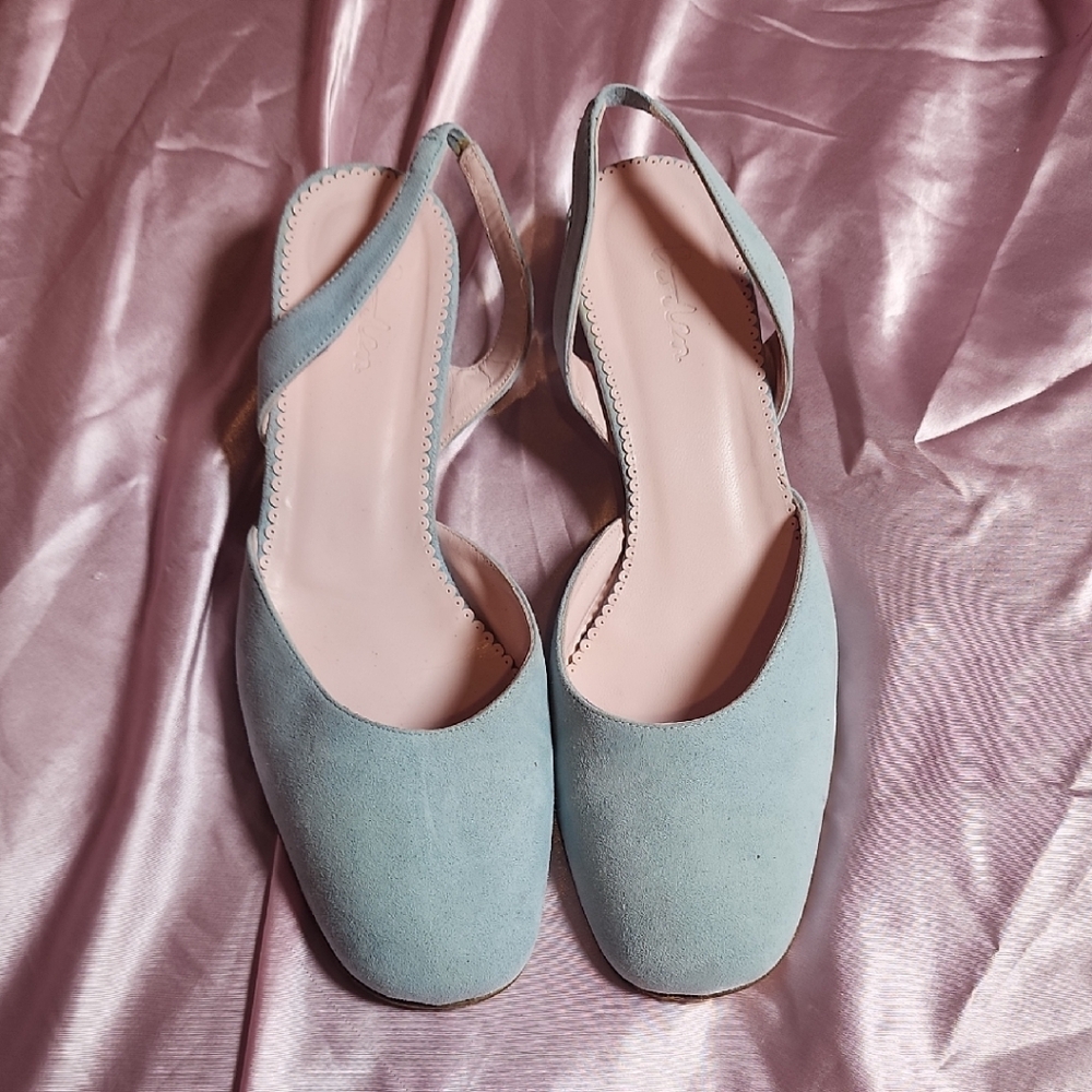Leather Sole Elegant Blue Slingback Flats for Women